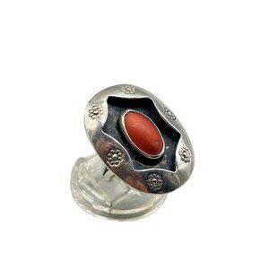 Vintage Native American Shadow Box Coral Ring Size 7 Sterling Silver Handcrafted